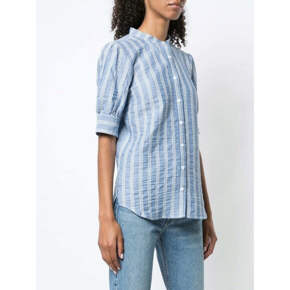 Veronica Beard Light Blue Vertical Striped Short Sleeve Button Down Shirt - Picture 2 of 14